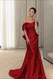 Wine Red Satin Mermaid Long Party Dress with Bow, Wine Red Off Shoulder Prom Dress KPP2066