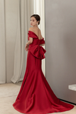 Wine Red Satin Mermaid Long Party Dress with Bow, Wine Red Off Shoulder Prom Dress KPP2066