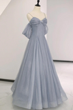 Gray Blue Spaghetti Strap Tulle Floor Length Prom Dress, A Line Evening Party Dress KPP2067