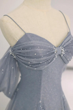 Gray Blue Spaghetti Strap Tulle Floor Length Prom Dress, A Line Evening Party Dress KPP2067