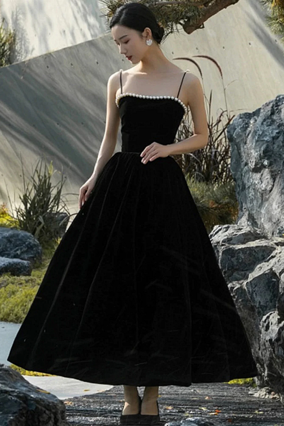 Black Tea Length Velvet Straps Lace Up Formal Dress, Black Velvet Party Dress KPP2068