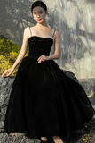 Black Tea Length Velvet Straps Lace Up Formal Dress, Black Velvet Party Dress KPP2068