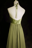 Green Halter Chiffon Simple A Line Party Dress, Green Floor Length Prom Dress KPP2070