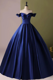 A Line Off Shoulder Satin Blue Long Prom Dress, Blue Long Formal Dress KPP2071