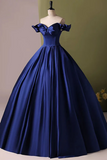 A Line Off Shoulder Satin Blue Long Prom Dress, Blue Long Formal Dress KPP2071