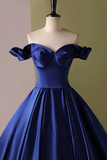 A Line Off Shoulder Satin Blue Long Prom Dress, Blue Long Formal Dress KPP2071