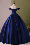 A Line Off Shoulder Satin Blue Long Prom Dress, Blue Long Formal Dress KPP2071