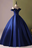 A Line Off Shoulder Satin Blue Long Prom Dress, Blue Long Formal Dress KPP2071