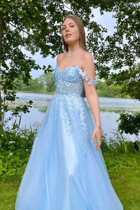 Off the Shoulder Light Blue Lace Prom Dresses, Lace Formal Evening Dresses KPP2072