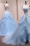 A Line Sweetheart Neck Tulle Lace off Shoulder Blue Long Prom Dress KPP2073