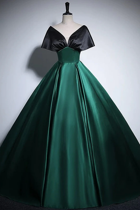 Chic Black and Green Satin Off Shoulder Long Party Dress, Floor Length Prom Dress KPP2075