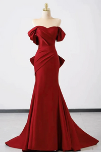 Burgundy Satin Floor Length Prom Dress, Mermaid Off the Shoulder Party Dress KPP2076