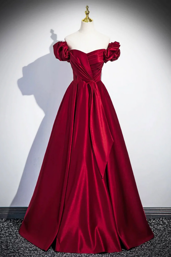 Burgundy Satin Floor Length Prom Dress, Off the Shoulder Evening Party Dress KPP2077