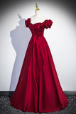 Burgundy Satin Floor Length Prom Dress, Off the Shoulder Evening Party Dress KPP2077