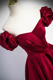 Burgundy Satin Floor Length Prom Dress, Off the Shoulder Evening Party Dress KPP2077