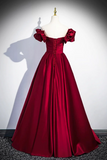 Burgundy Satin Floor Length Prom Dress, Off the Shoulder Evening Party Dress KPP2077