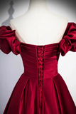 Burgundy Satin Floor Length Prom Dress, Off the Shoulder Evening Party Dress KPP2077