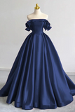 Simple Satin Navy Blue A Line Long Prom Dress, Elegant Off the Shoulder Formal Dress KPP2078