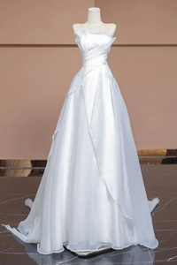 White A Line Strapless Long Wedding Party Dress, White Simple Formal Dress KPP2081