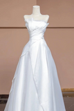 White A Line Strapless Long Wedding Party Dress, White Simple Formal Dress KPP2081