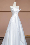 White A Line Strapless Long Wedding Party Dress, White Simple Formal Dress KPP2081