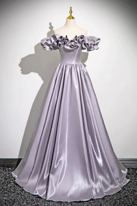 Lovely Satin Floor Length Prom Dress, Purple A Line Off Shoulder Evening Dress KPP2082