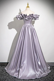 Lovely Satin Floor Length Prom Dress, Purple A Line Off Shoulder Evening Dress KPP2082