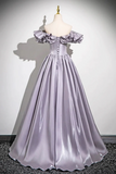 Lovely Satin Floor Length Prom Dress, Purple A Line Off Shoulder Evening Dress KPP2082