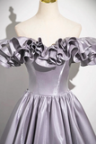 Lovely Satin Floor Length Prom Dress, Purple A Line Off Shoulder Evening Dress KPP2082