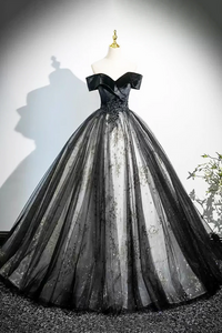 Black Velvet and Tulle Long Prom Dress, Elegant Off the Shoulder Party Dress KPP2083