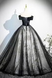 Black Velvet and Tulle Long Prom Dress, Elegant Off the Shoulder Party Dress KPP2083