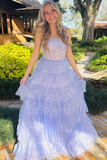 A Line Lavender Tulle Sequin Ruffle Tiered Long Prom Dress, Party Dress KPP2084