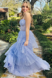 A Line Lavender Tulle Sequin Ruffle Tiered Long Prom Dress, Party Dress KPP2084