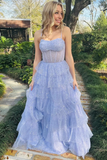 A Line Lavender Tulle Sequin Ruffle Tiered Long Prom Dress, Party Dress KPP2084