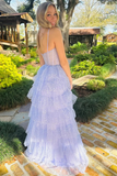 A Line Lavender Tulle Sequin Ruffle Tiered Long Prom Dress, Party Dress KPP2084