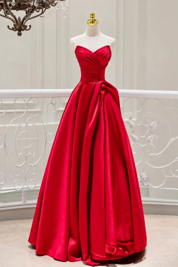 Red Satin Strapless V Neckline Long Evening Dress, Red Satin Prom Dress KPP2085