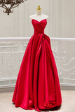 Red Satin Strapless V Neckline Long Evening Dress, Red Satin Prom Dress KPP2085