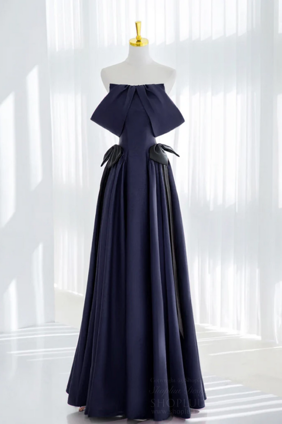 A Line Satin Dark Blue Long Prom Dress, Dark Blue Long Formal Dress KPP2087