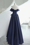 A Line Satin Dark Blue Long Prom Dress, Dark Blue Long Formal Dress KPP2087