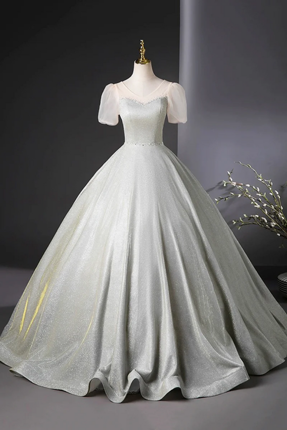 Beautiful Silver Glitter Floor Length Prom Dress, A Line Short Sleeve Evening Party Dress KPP2088