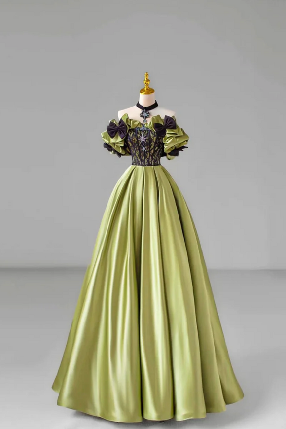 Beautiful A Line Green Satin Lace Evening Dress With Bow, Party Dress KPP2089