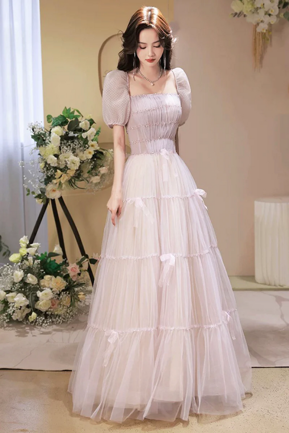 Beautiful A Line Tulle Long Prom Dress, Short Sleeve Evening Party Dress KPP2090