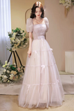 Beautiful A Line Tulle Long Prom Dress, Short Sleeve Evening Party Dress KPP2090