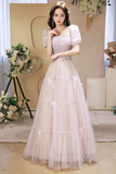 Beautiful A Line Tulle Long Prom Dress, Short Sleeve Evening Party Dress KPP2090