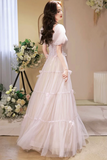 Beautiful A Line Tulle Long Prom Dress, Short Sleeve Evening Party Dress KPP2090