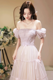 Beautiful A Line Tulle Long Prom Dress, Short Sleeve Evening Party Dress KPP2090