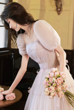 Beautiful A Line Tulle Long Prom Dress, Short Sleeve Evening Party Dress KPP2090