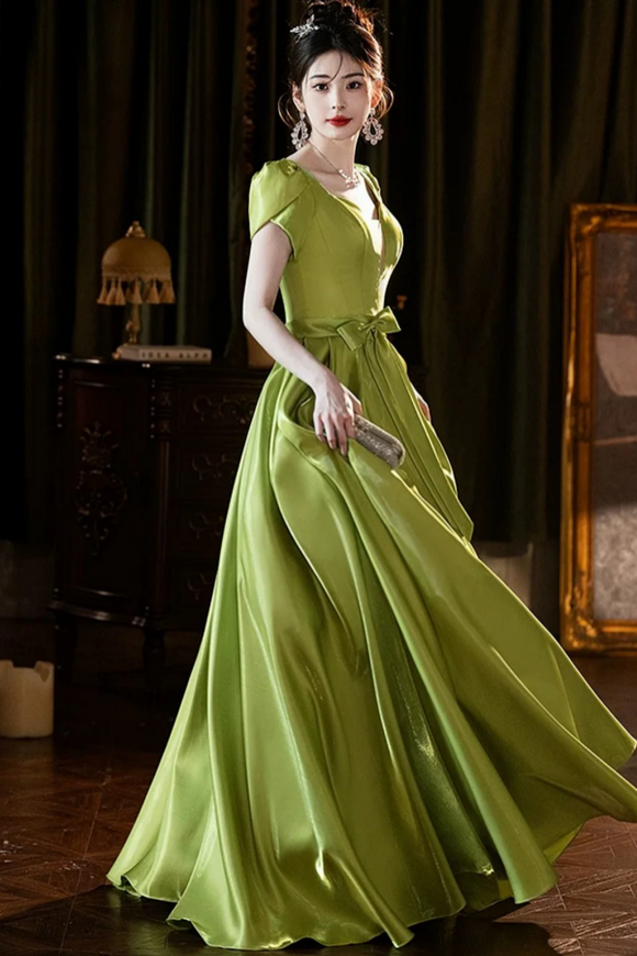 Lovely Green Satin Simple Short Sleeves Party Dress, A Line Prom Dress KPP2091