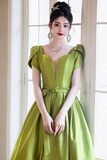 Lovely Green Satin Simple Short Sleeves Party Dress, A Line Prom Dress KPP2091