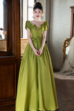 Lovely Green Satin Simple Short Sleeves Party Dress, A Line Prom Dress KPP2091